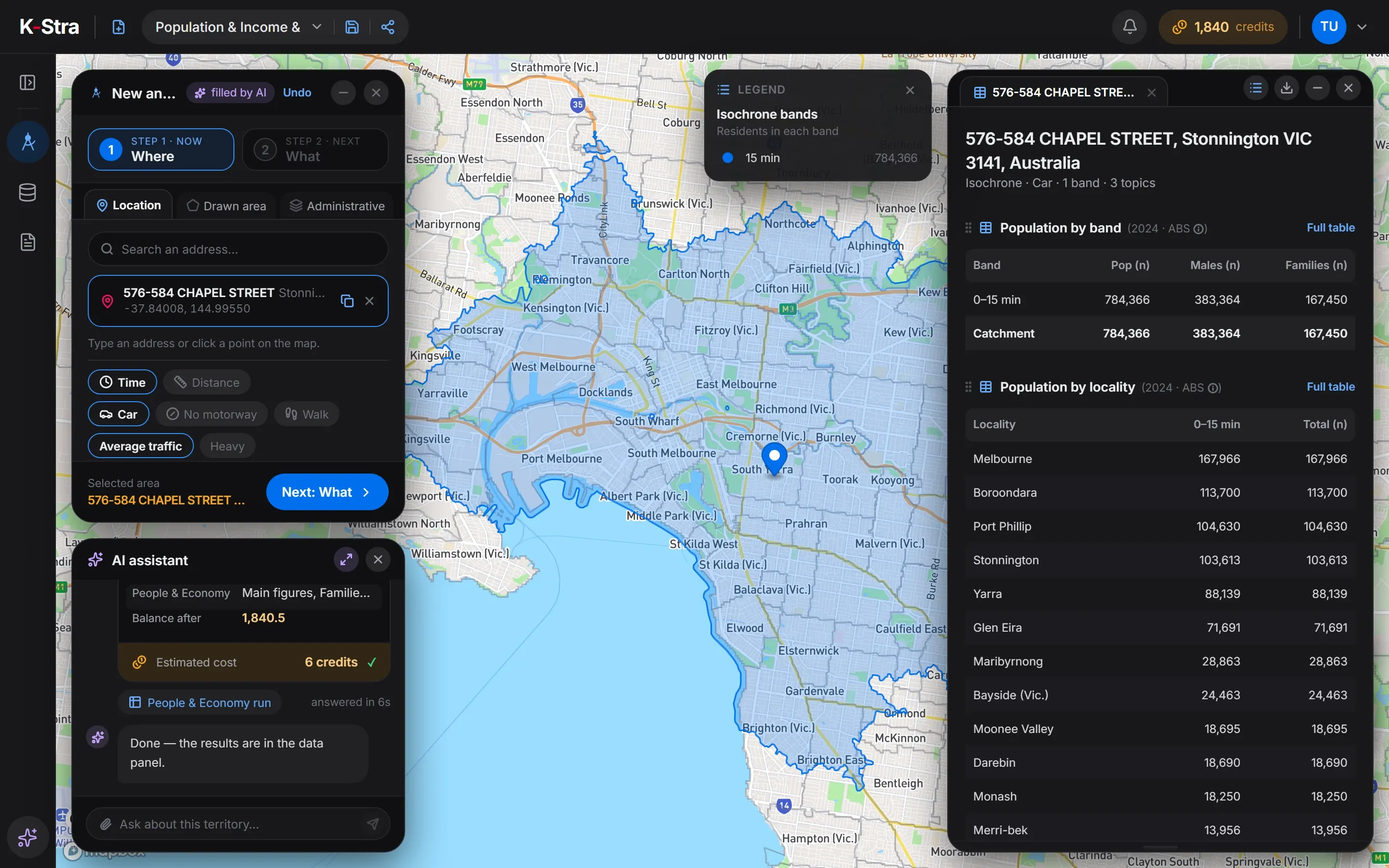 K-Stra with the AI assistant: the 15-minute drive-time catchment around 576 Chapel Street, South Yarra filled in by the assistant, the confirmed quote and the reply in the chat, and the population by band and by locality in the results panel.