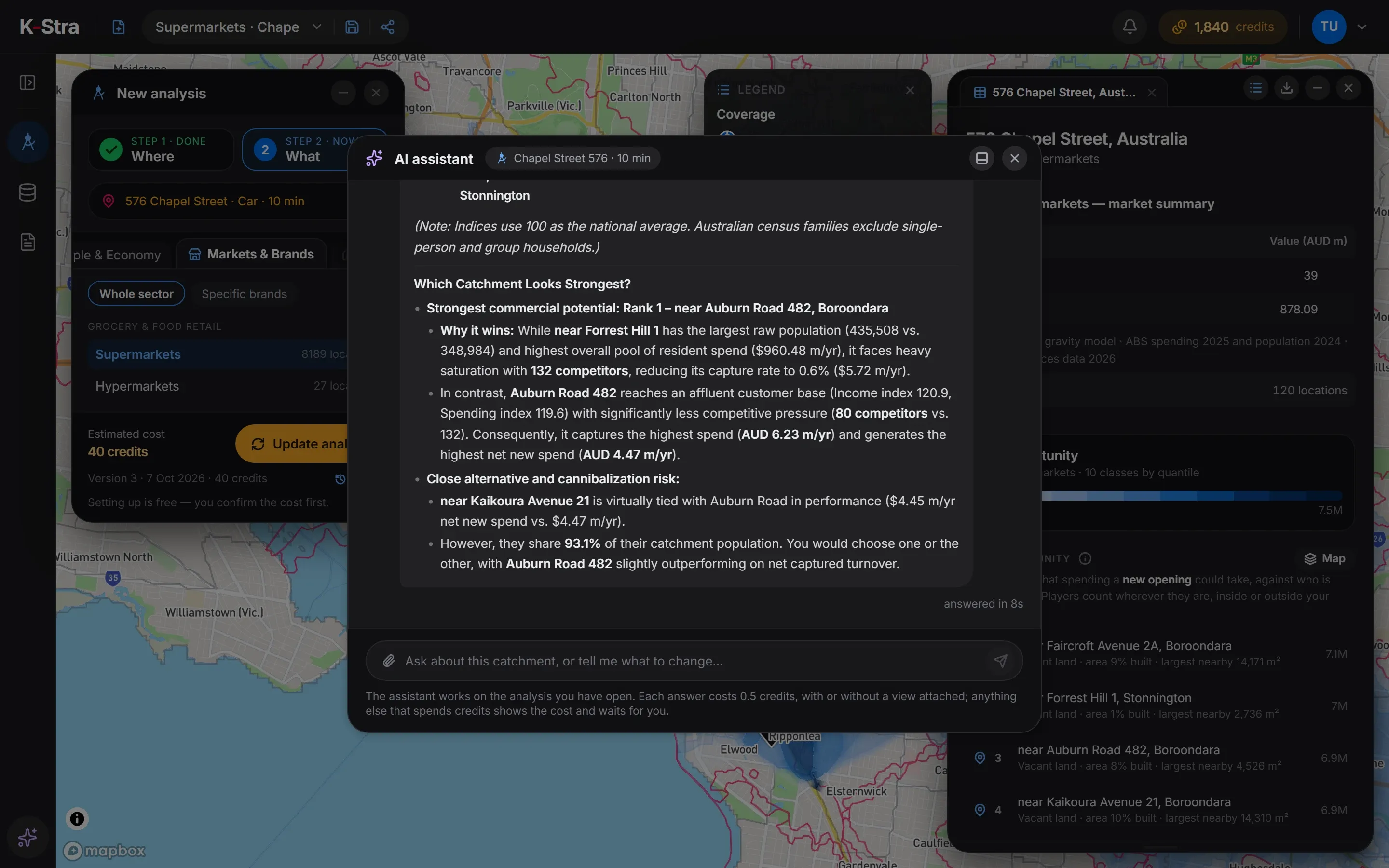 The K-Stra AI assistant in full view over a supermarket sector analysis in Melbourne: it ranks the candidate sites on spend captured, income and competitors, and notes that two of them share 93.1% of their residents.