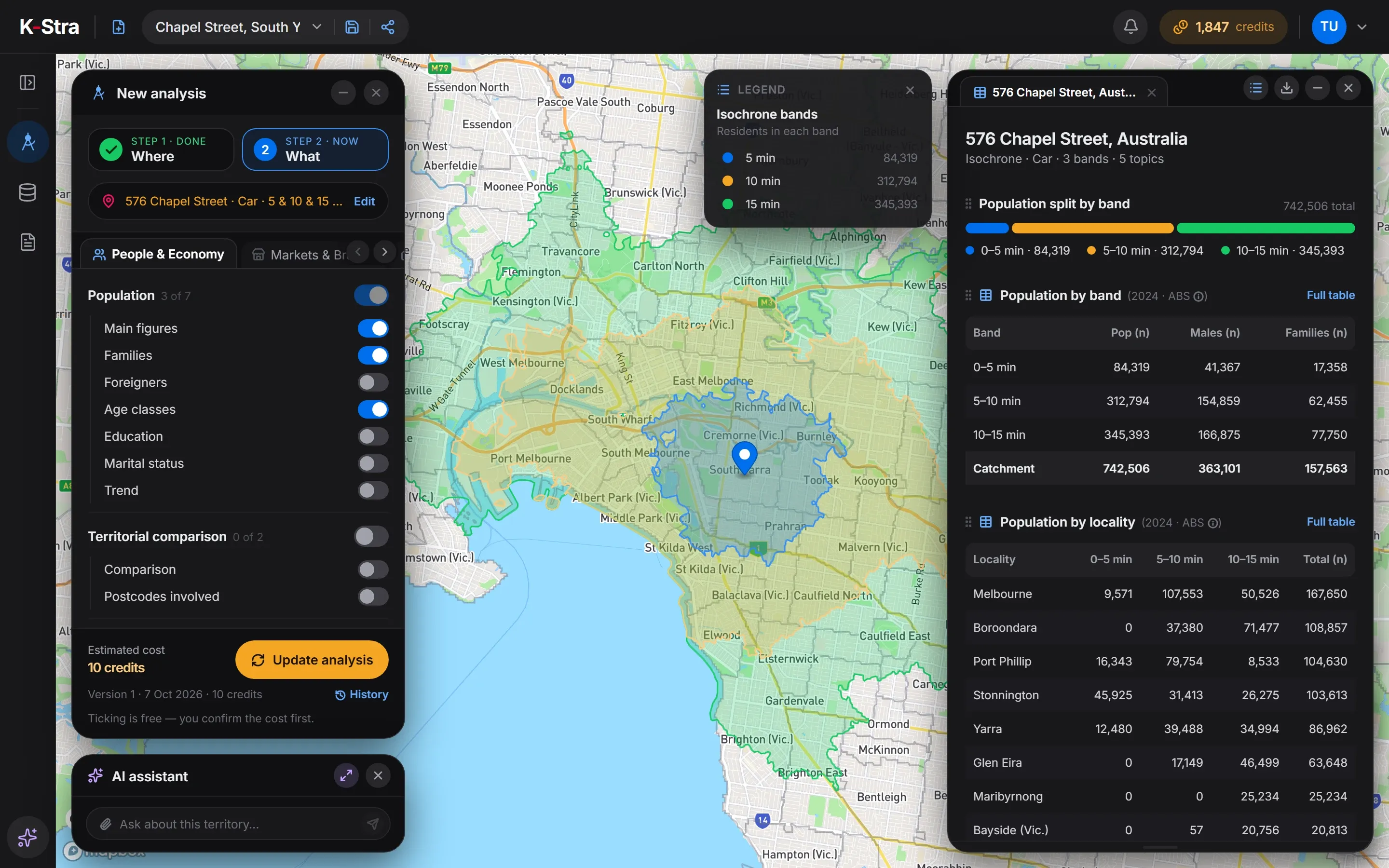 K-Stra workspace with a catchment of 5, 10 and 15 minutes by car around 576 Chapel Street, South Yarra: setup panel, coloured bands on the map, legend with residents per band and the results panel.
