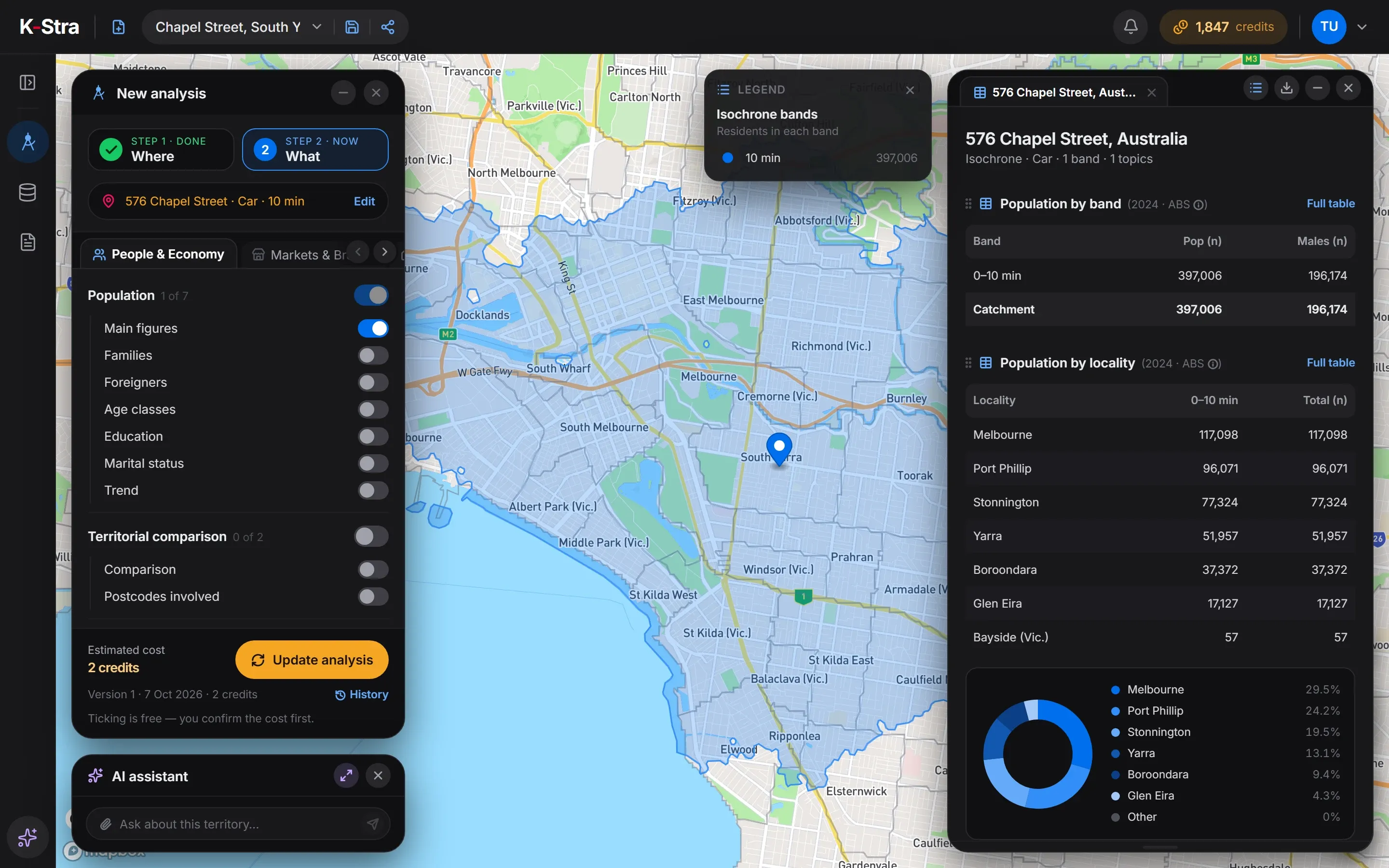 K-Stra map of the 10-minute drive-time area from 576 Chapel Street, South Yarra, with the population table: 397,006 residents.