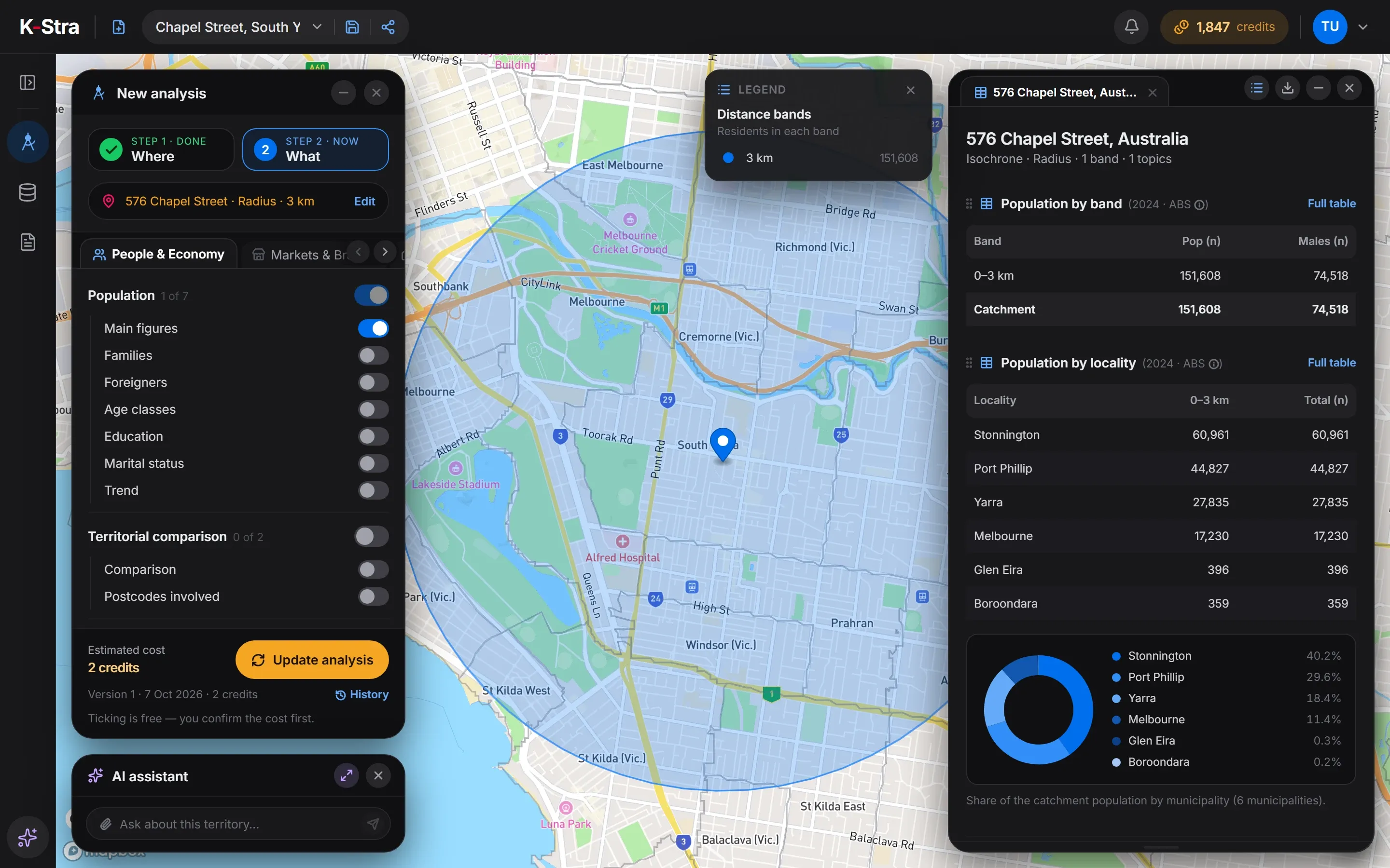 K-Stra map of a 3 km radius around 576 Chapel Street, South Yarra, with the population table: 151,608 residents inside the circle.