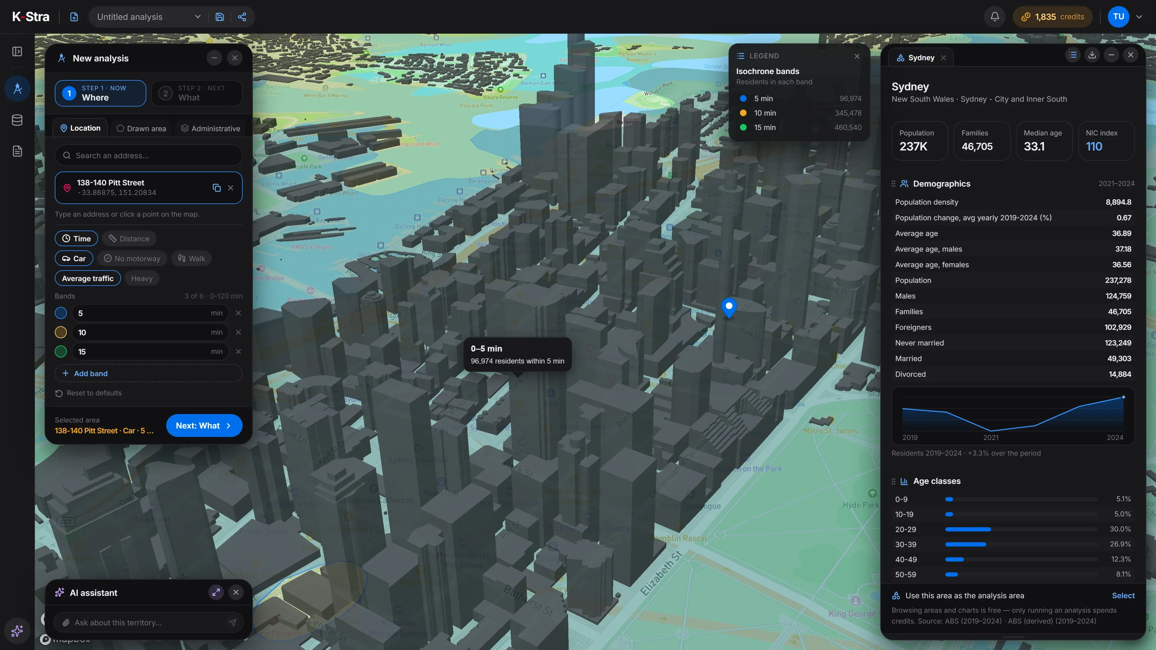 K-Stra over central Sydney: 5, 10 and 15-minute drive-time bands from 138-140 Pitt Street on a 3D map, residents per band in the legend, and the free dashboard of the City of Sydney area on the right