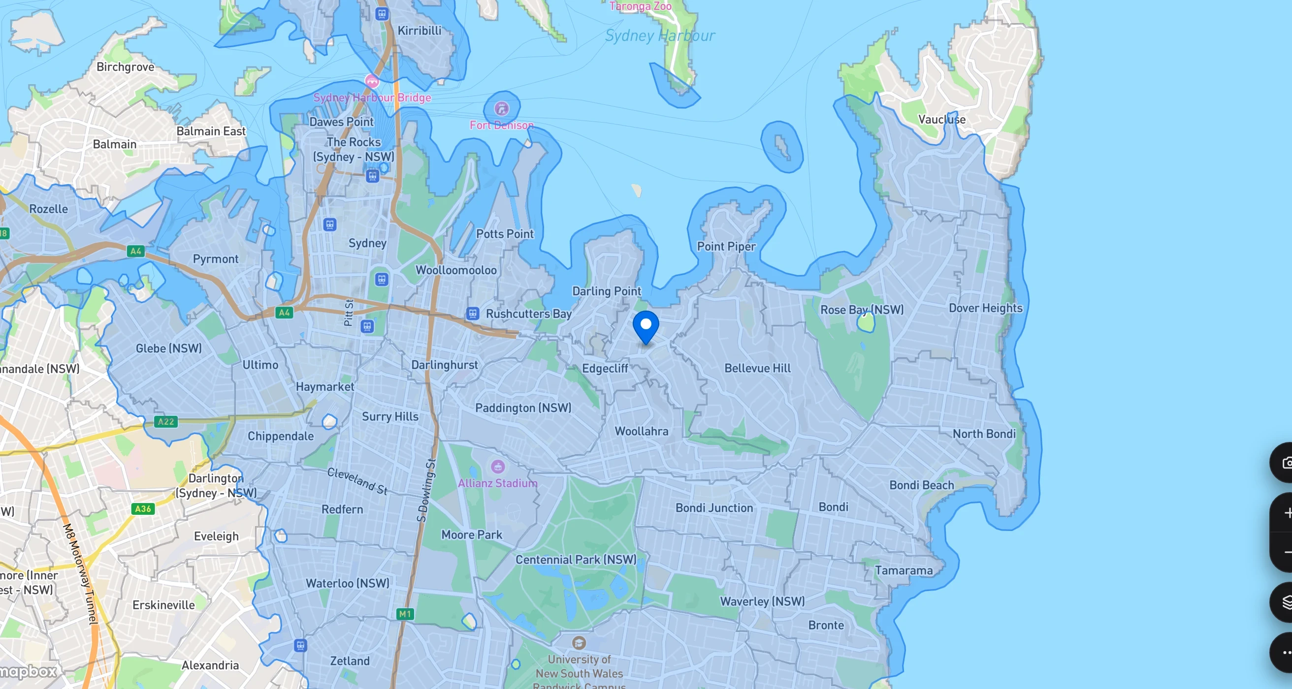 K-Stra map of the 10-minute drive-time area from 20 Knox Street, Double Bay