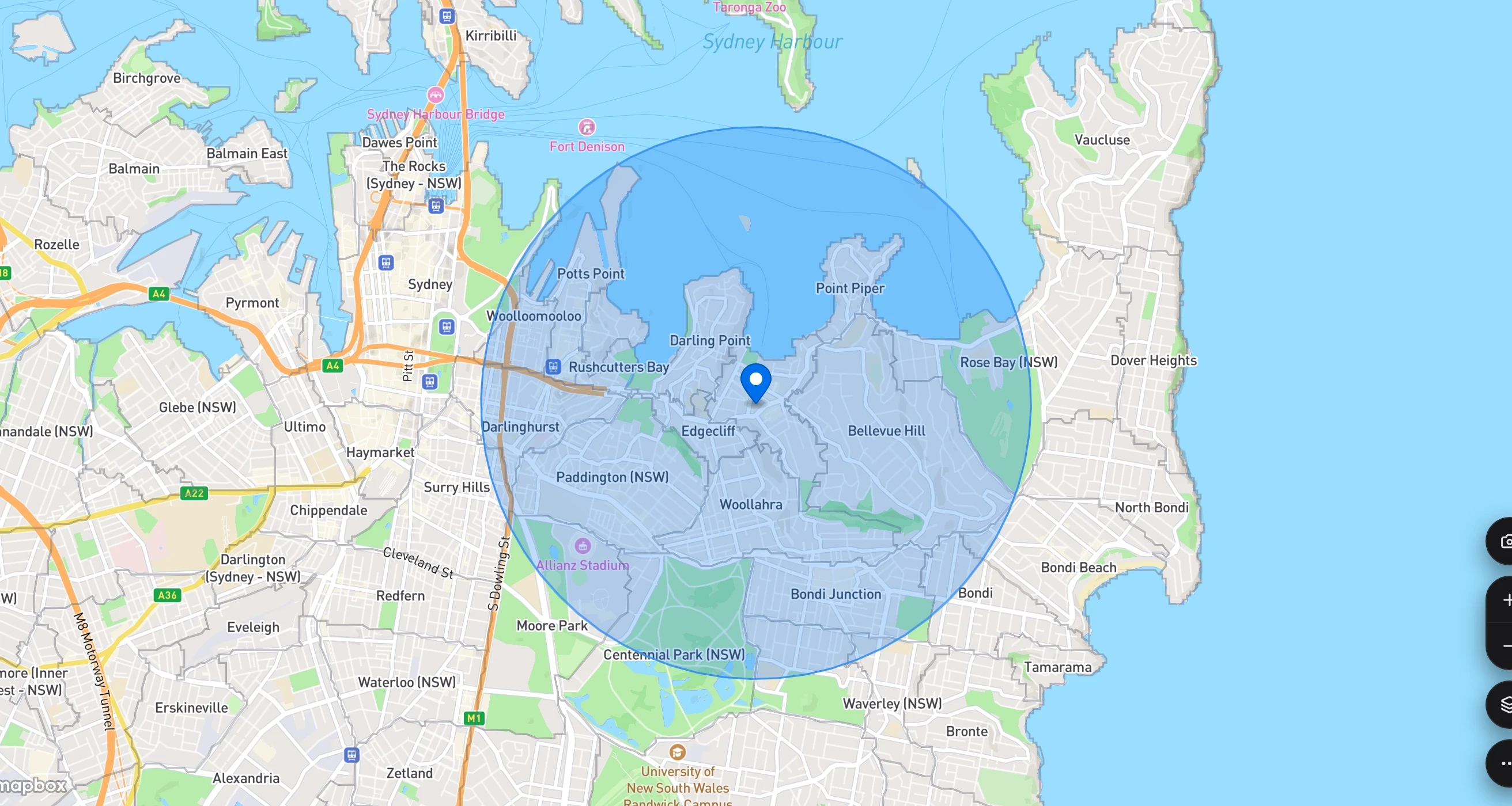 K-Stra map of a 2.5 km radius around 20 Knox Street, Double Bay