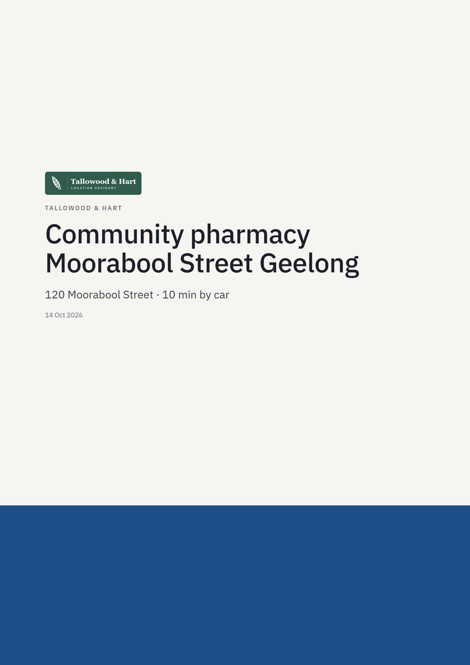 Cover of the sample Generated with AI: a pharmacy in geelong, from one sentence, signed Tallowood & Hart.