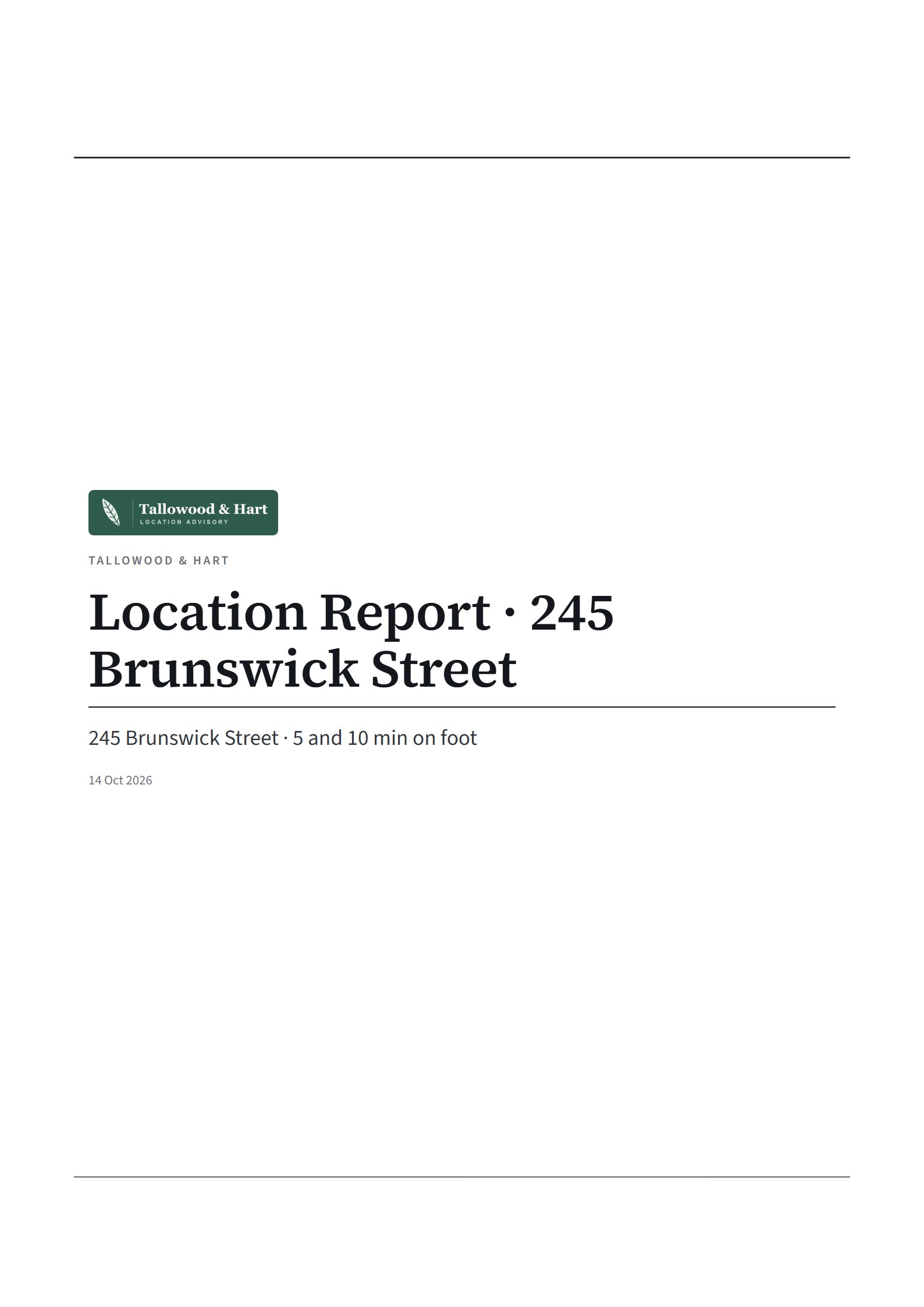 Cover of the sample Location Report · Basic: a café in fitzroy, signed Tallowood & Hart.
