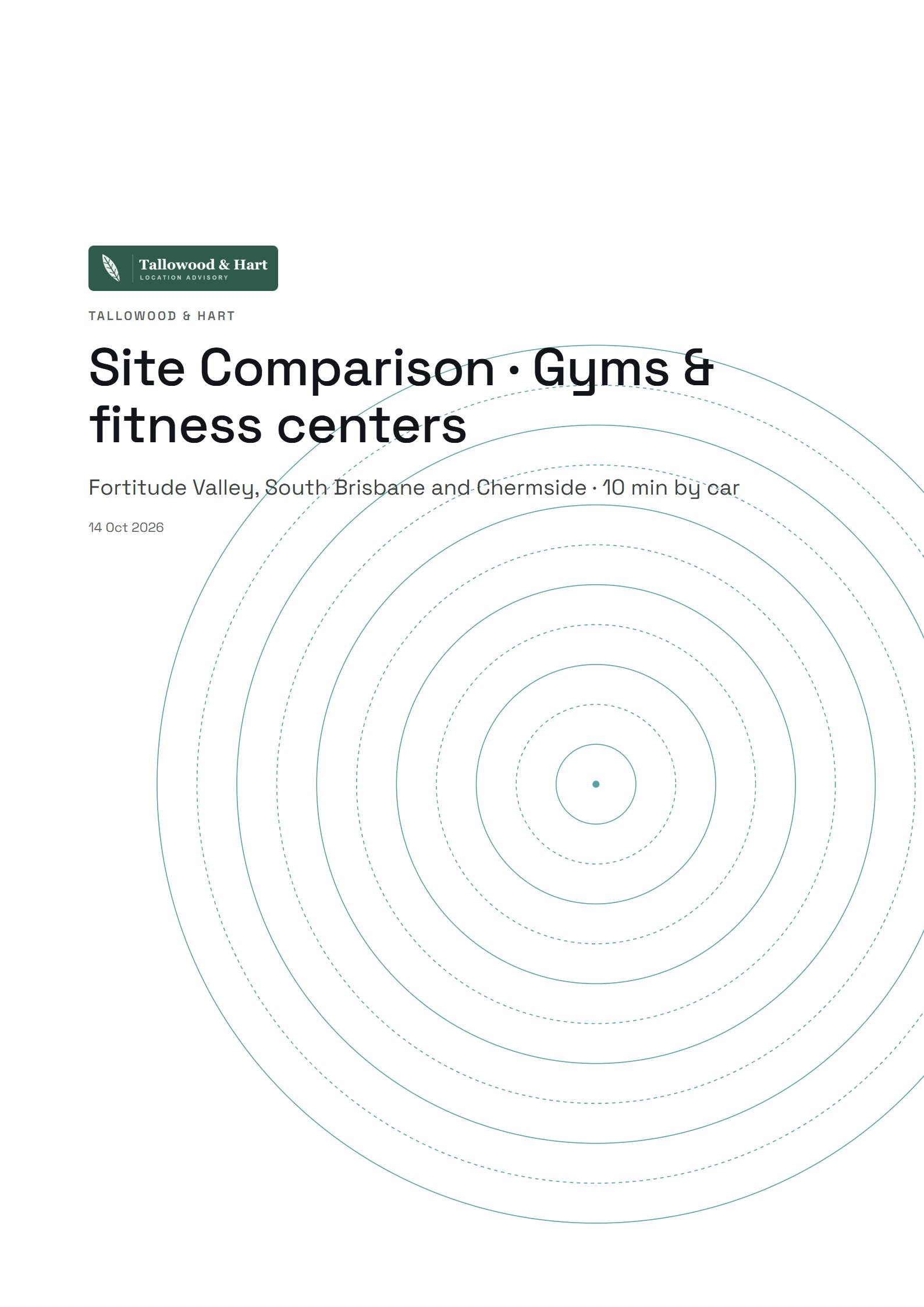Cover of the sample Site Comparison: three sites for a gym in brisbane, signed Tallowood & Hart.